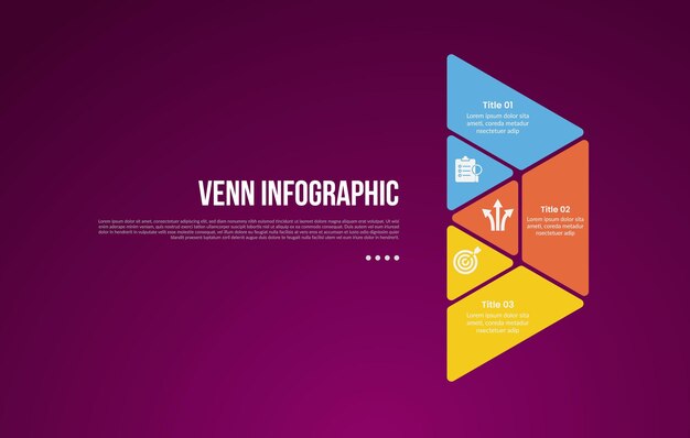 venn diagram infographic with big arrow shape right direction with 3 point dark background style for slide presentation