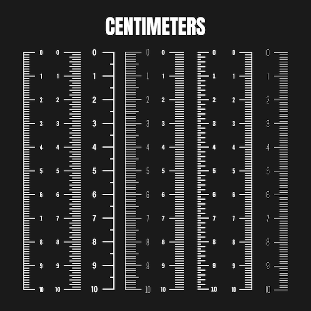 Vertikal centimeterskala for måling av lengde eller høyde, ulike måleskalaer med inndelinger