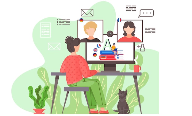 Video conference Woman having a conference video call with her colleagues or friends from different countries online conversation concept Communication conference videoconferencing online meeting