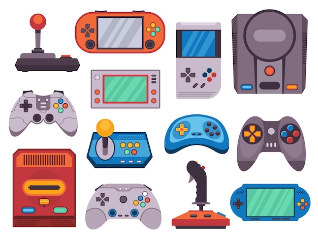video game devices old retro joystick gamepad flat icons cartoon hipster classic gadget console for gamers and pc geeks vector isolated collection