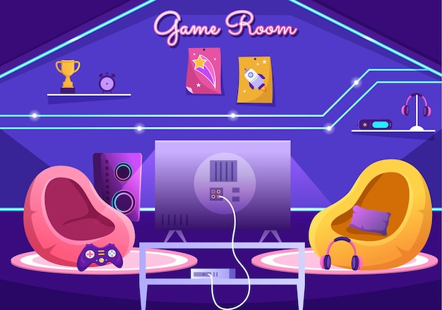 Video Game Room Interior with Android Mobile and Comfortable Armchairs for Gamers in Illustration