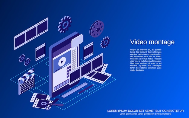 video montage flat 3d isometric vector concept illustration
