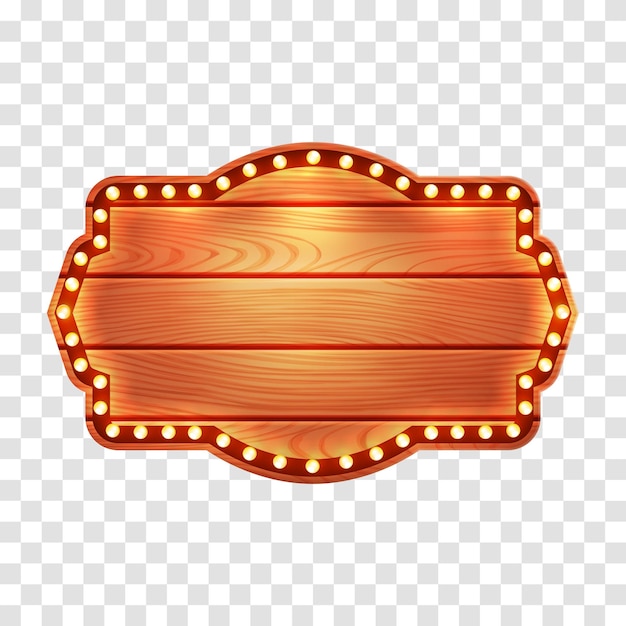 Vintage lighted wooden sign on transparent background Empty wooden board and retro style banner
