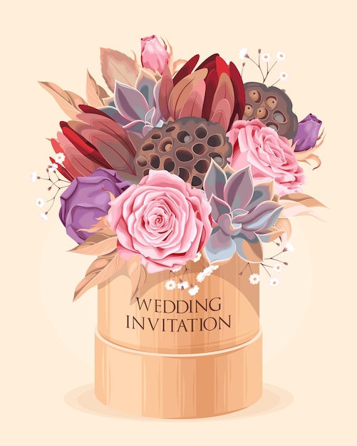Vintage wedding invitation with high detailed flowers and succulents