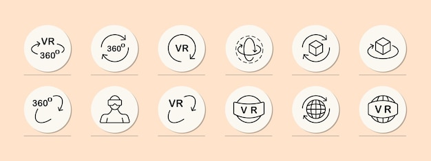 Virtual reality set icon Man in 3d glasses and virtual reality helmet Planet with vr text Arrows 360 degree viewing angle Metaverse concept Pastel color background Vector line icon