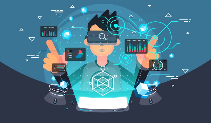 Vektor virtual reality user. vr tech  . futuristic user interface.