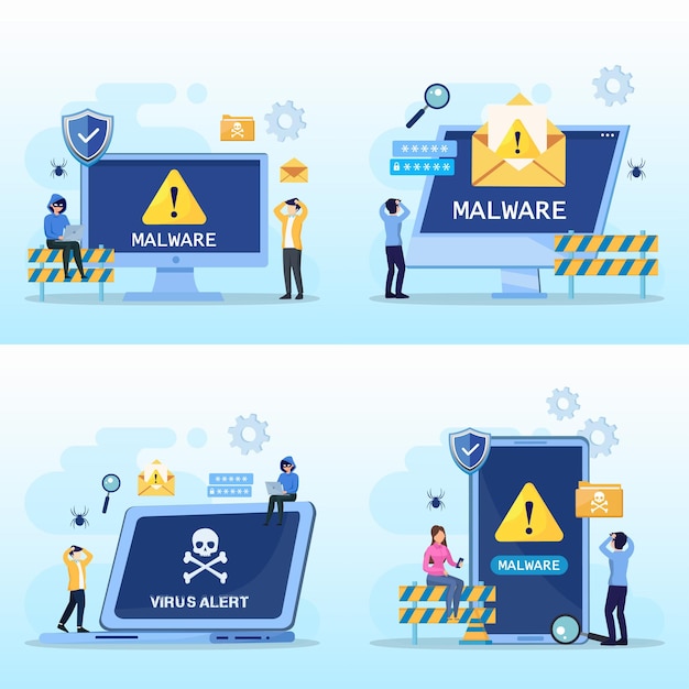 Virus malware detected concept viruses attack warning signs hacking alert messages vector