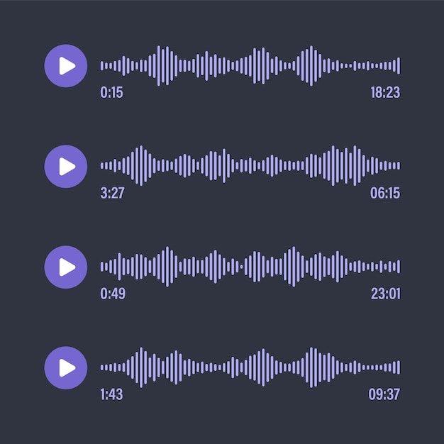 Voice message social media chat conversation Messaging app music player audio or video editor interface element Voice assistant recorder Sound wave pattern Dark mode Vector illustration