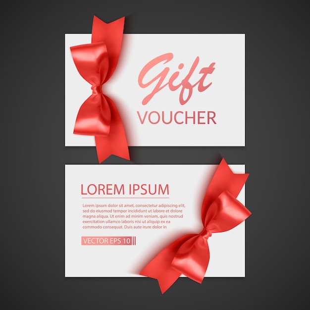 Vouchersjablon med rød sløyfe, bånd. Design som kan brukes til gavekupong, voucher, invitasjon, sertifikat, osv. Vektor eps 10 illustrasjon
