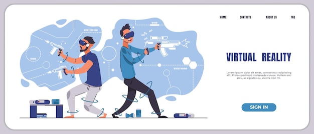 vr gaming landing page augmented reality and 3d entertainment website with cartoon teenagers playing video games in smart virtual glasses interface template vector screen design