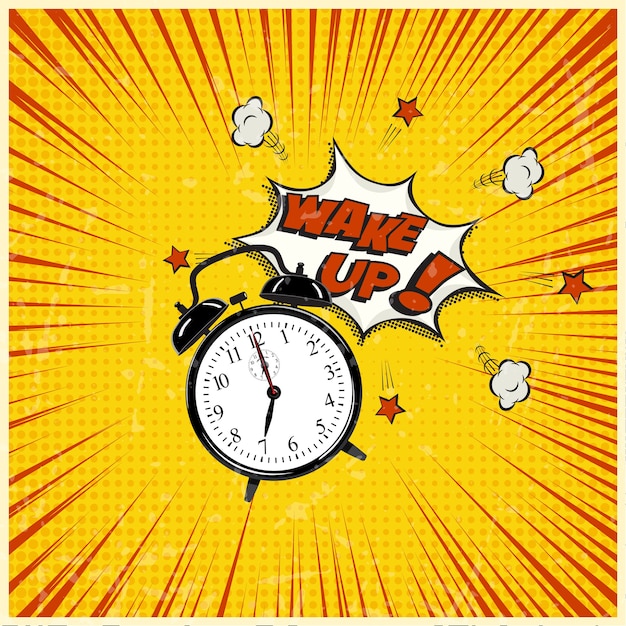 wake up pop art illustration, alarm clock on grunge stripped background.