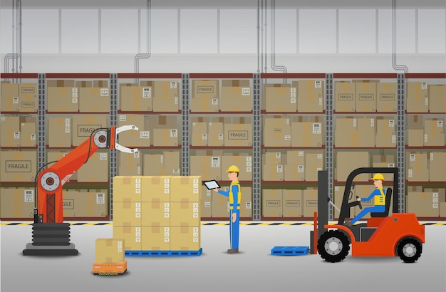 Warehouse in process with workers and robot arm working flat design vector illustration
