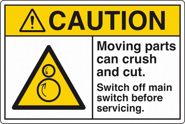 warning signs counter rotating rollers moving parts can crush and cut switch off main switch before