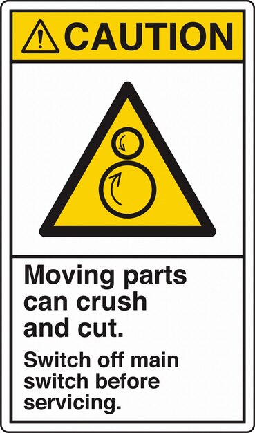 warning signs counter rotating rollers moving parts can crush and cut switch off main switch before