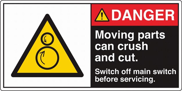 warning signs counter rotating rollers moving parts can crush and cut switch off main switch before