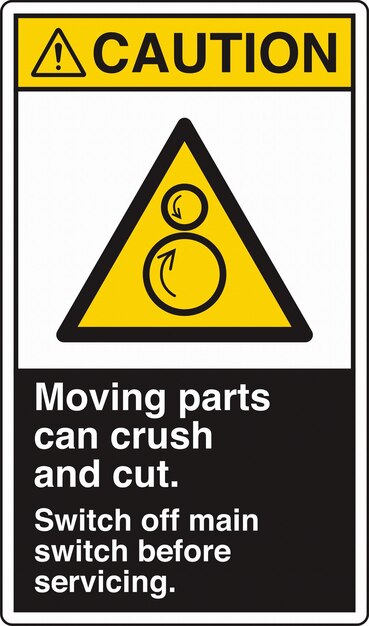 warning signs counter rotating rollers moving parts can crush and cut switch off main switch before