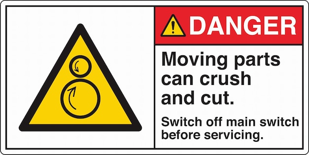 warning signs counter rotating rollers moving parts can crush and cut switch off main switch before