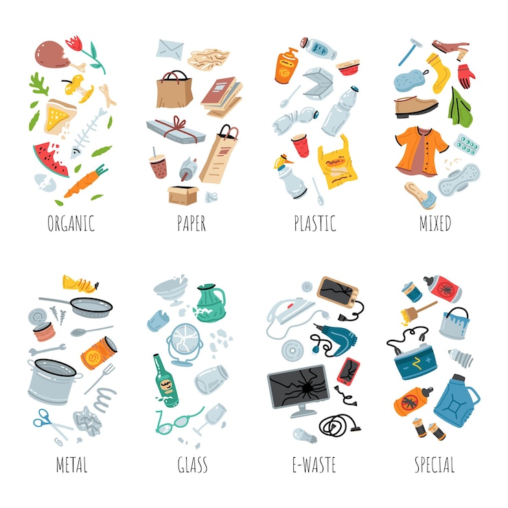 Vektor waste collection segregation and recycling illustration garbage types