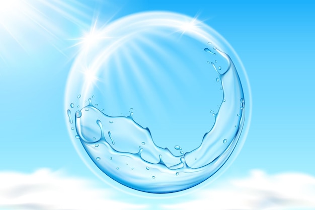 Water bubble in sky reflecting sun beams