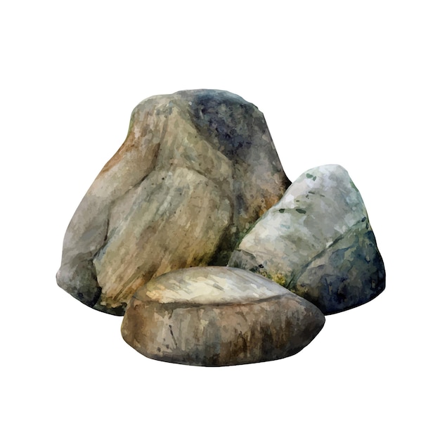 watercolor drawn group of bottom pebbles of different shapes and colors on white background grey and
