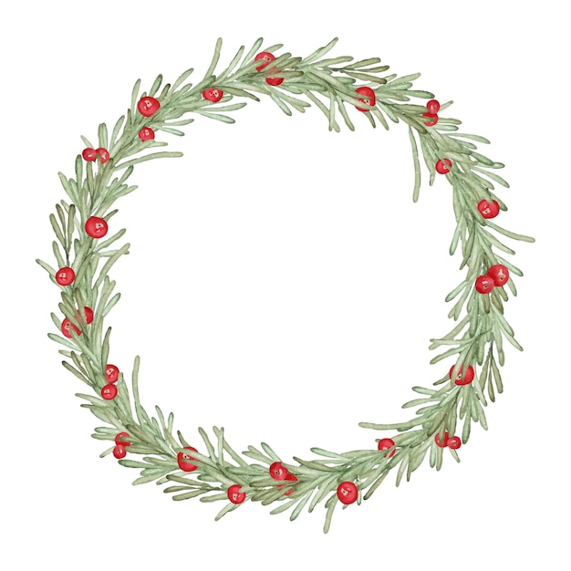 Watercolor hand painted festive wreath of tender branches with brigth red berries