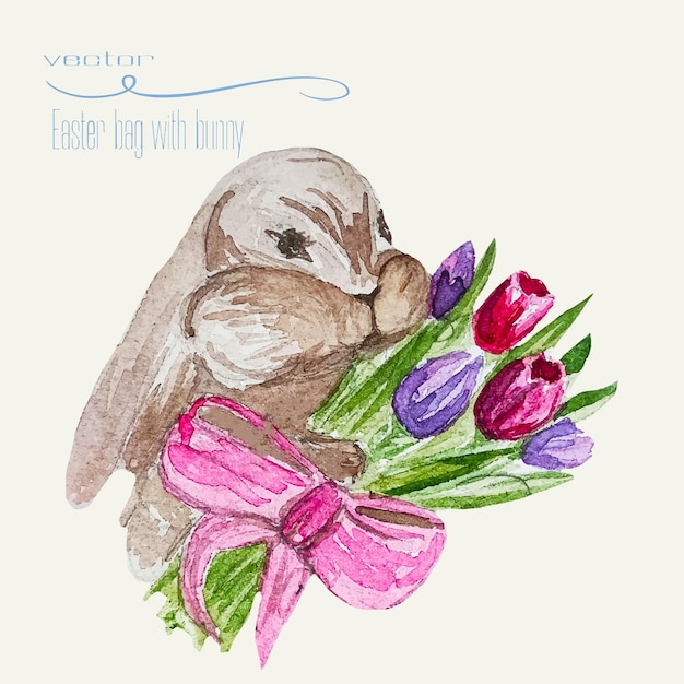Watercolor hare with flowers