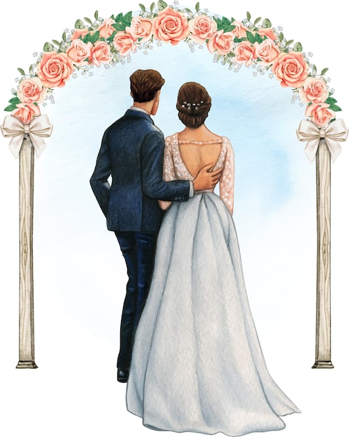 Watercolor wedding couple embracing under wedding rose arch