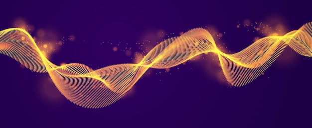 wave line of flowing particles over dark abstract vector background, smooth curvy shape shining dots fluid array. 3d dots blended mesh, future technology relaxing wallpaper.