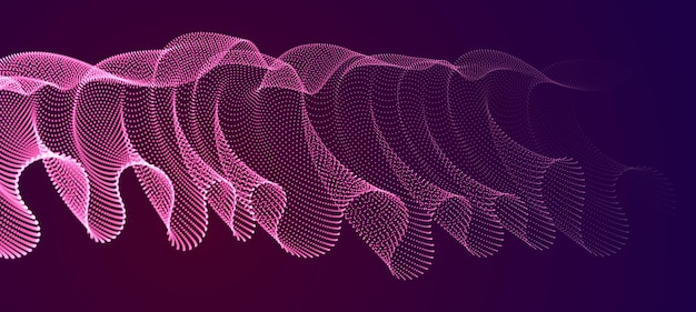 Wave of flowing particles over dark abstract vector magic background, smooth curvy shape dots transparent tulle textile on wind. 3d shape dots blended mesh, relaxing wallpaper.
