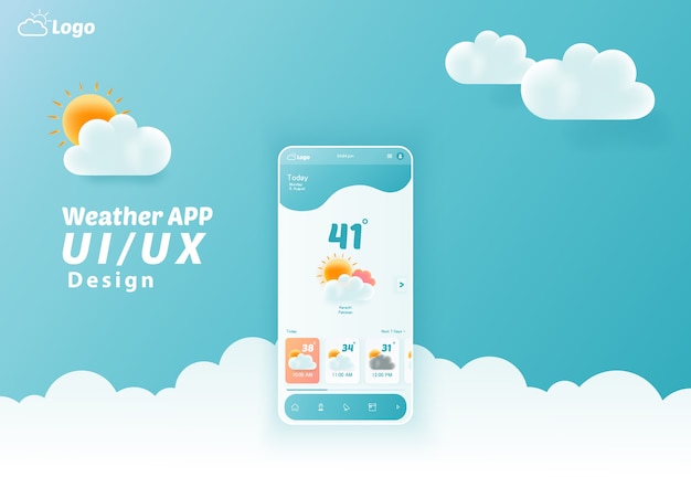 weather app ui/ux kit elements, website landing page