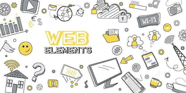 Web elements concept for banner design with flat line doodle pattern Hand drawing texture with buttons symbols search user menu arrows interface and site navigation Vector illustration for web