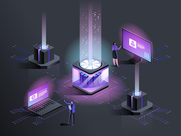 website hosting service isometric illustration. data center administrators, engineers 3d cartoon characters. internet sites development, maintenance and technical support dark blue concept