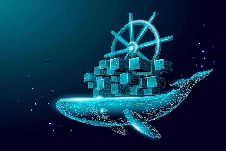 Vektor whale and container computer docker developer app concept business digital open source program data ...