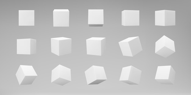 White 3d modeling cubes set with perspective isolated on grey background. Render a rotating 3d box in perspective with lighting and shadow. Realistic vector icon.