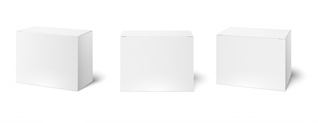White box mockup. Blank packaging boxes, cube perspective view and cosmetics product package mockups 3d illustration set