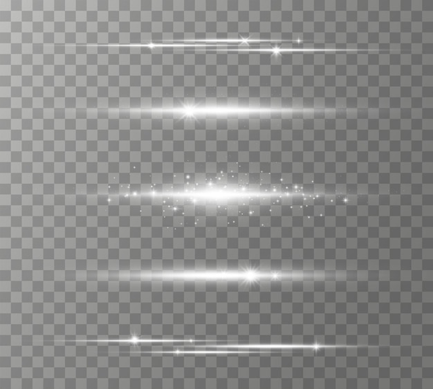 white horizontal lens flares pack, laser beams, light flare. light rays glow line bright glare on transparent background glowing streaks. luminous abstract sparkling lines.  illustration