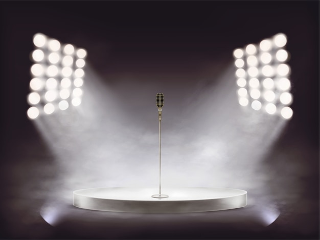 white podium with metallic microphone illuminated by white beams of spotlights
