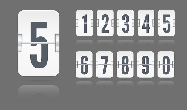 White set of flip numbers on a mechanical scoreboard floating with reflections isolated on dark background. Vector template for your design.