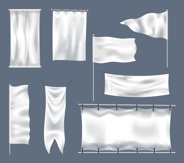 white textile banners and flags with folds template set canvas blank mockup advertising empty backgrounds fabric signboards for advertise canvas hanging on rope white waving fabric signs