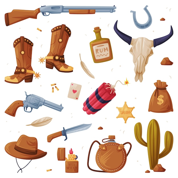 Wild West Objects with Gun Boots Skull Money Sack Cowboy Hat and Dynamite Vector Set