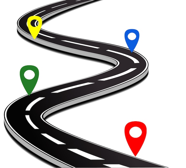 winding road way with pin isolated. road way location infographic template with pin