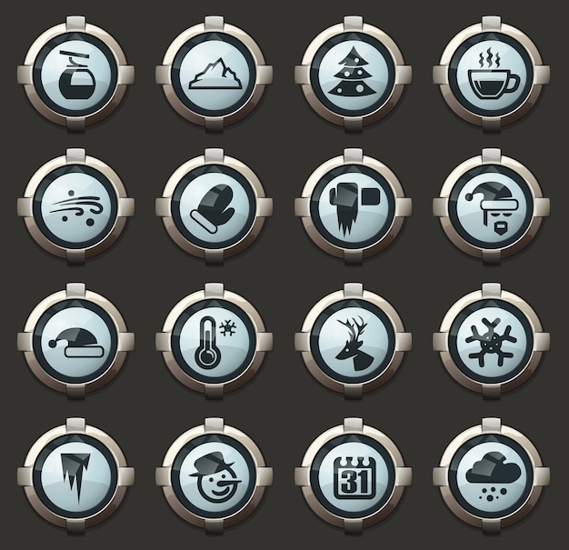 Winter vector icons in the stylish round buttons for mobile applications and web