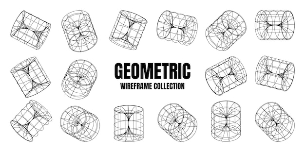 Wireframe lined shapes Perspective mesh 3d grid Low poly geometric elements Retro futuristic design elements y2k vaporwave and synthwave style Vector illustration