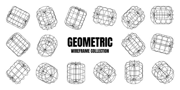 Wireframe lined shapes perspective mesh d grid low poly geometric elements retro futuristic design