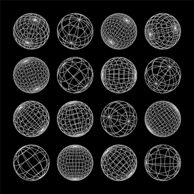 Wireframe shapes lined sphere perspective mesh d grid low poly geometric elements retro futuristic