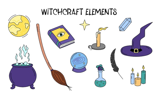 witchcraft elements vector set witch doodle attributes magic ball spell book cauldron broom hat halloween and wizard symbols isolated outline hand drawn colorful design objects illustration