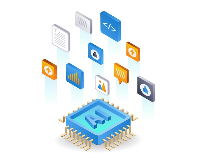 With artificial intelligence create an application flat isometric 3d illustration