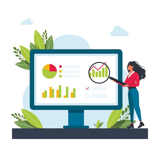 woman holding a magnifying glass at the monitor and examines the diagram. girl studying checklist with magnifying glass, analyzing charts, carrying money business concept.