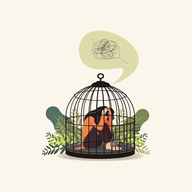 Woman lock in birdcage need psychological help illustration or social isolation concept