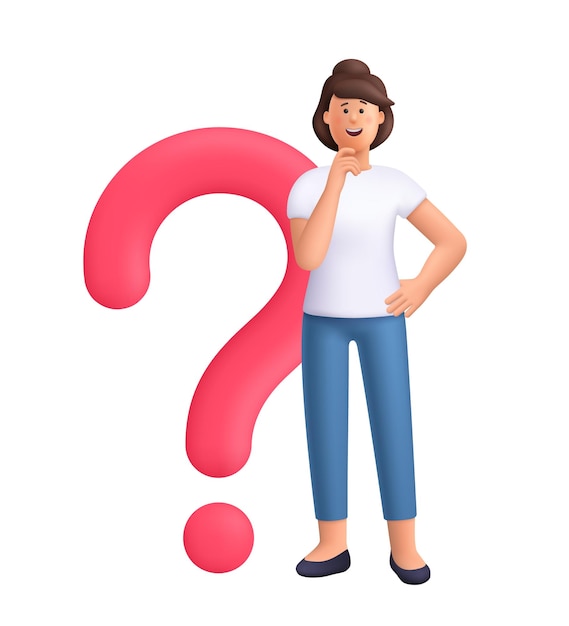 Woman standing near a big question mark and thinking of a solution 3d vector people character